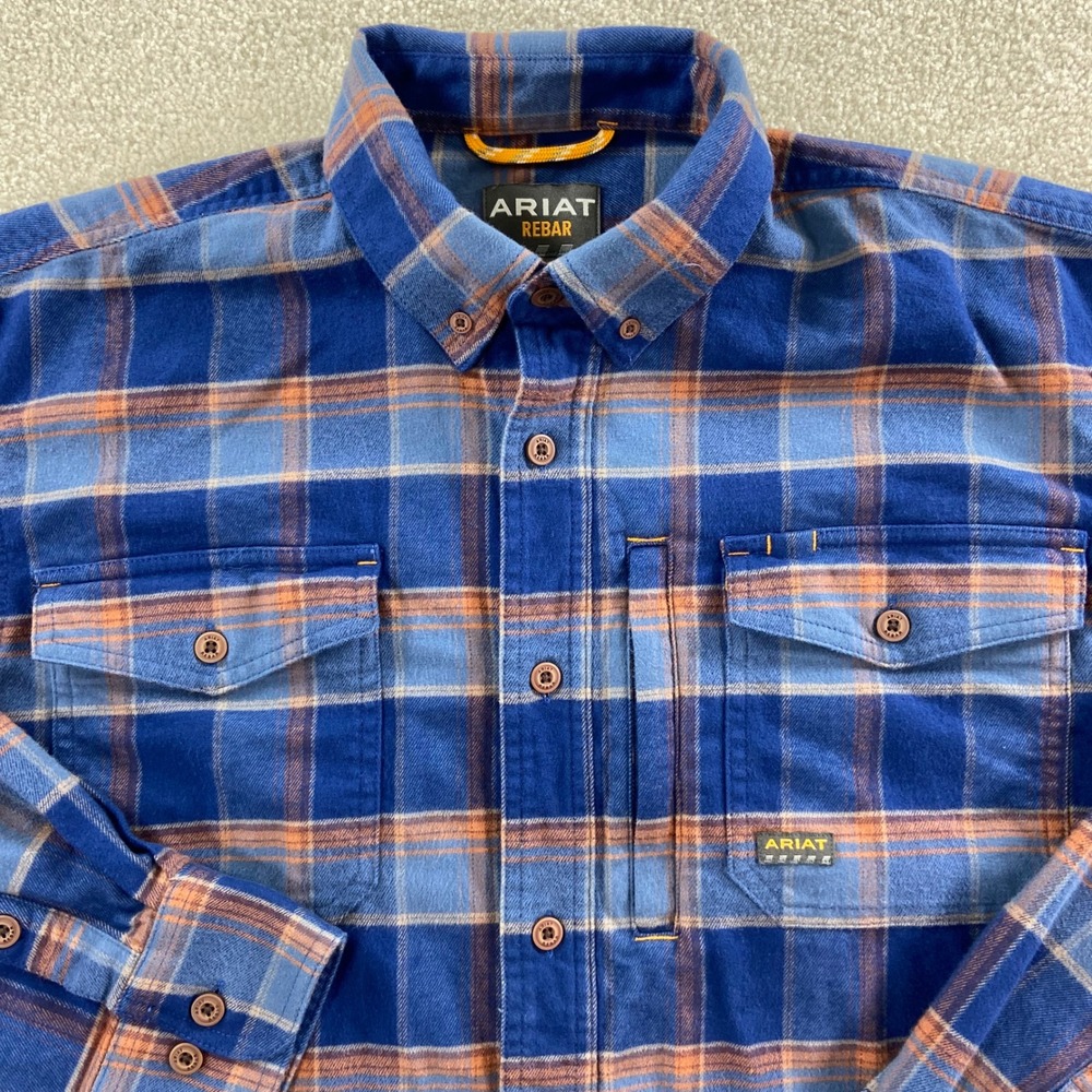 Ariat Rebar Work Shirt Mens Medium Blue Orange Plaid Flannel Stretch Utility